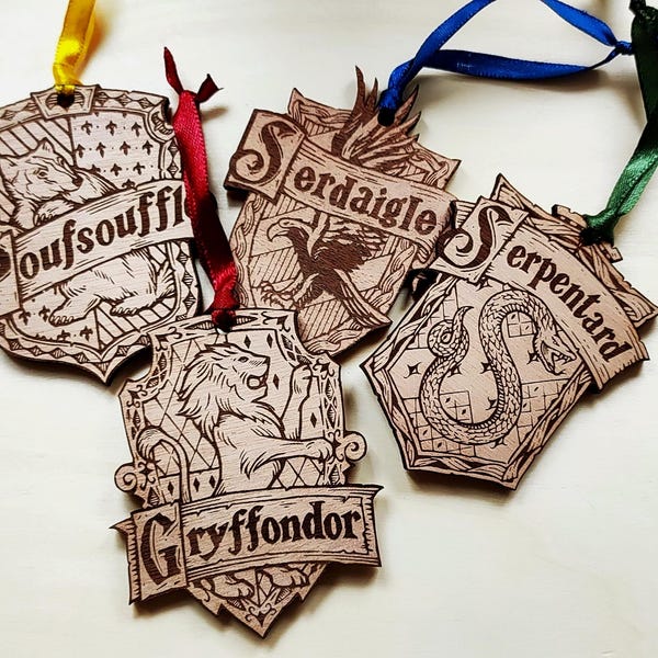 Wooden Hogwarts House Hanging Decorations (sold individually or in sets of 4) – Harry Potter Decor – Laser Engraved on Wood