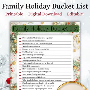 Bucketlist voor gezinsvakanties | Kerstgezinsuitdaging | Afdrukbare feestelijke activiteiten | Bewerkbare canvassjabloon | Digitale vakantieplanner