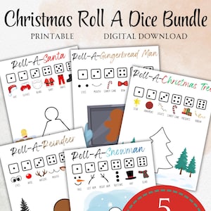 Roll-A クリスマスゲームバンドル | 子供向けの印刷可能なサイコロゲーム5選 | 雪だるま、サンタ、トナカイ、ジンジャーブレッド、ツリー | クリスマス教室アクティビティ
