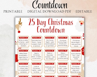Utskrivbar 25-dagars nedräkning till jul | Redigerbar Canva-adventskalender för barn | Aktivitetskalender för högtider | Familjens jultraditioner PDF