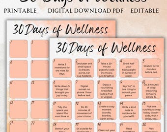 30 Day Wellness Challenge Printable | Editable Canva Template | Daily Self Care Prompts & Habit Tacker | Wellness and Reflection Journal PDF