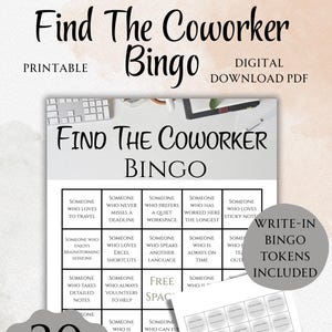May include: A Find The Coworker Bingo game printable digital download PDF. The board features a grid with prompts like Someone Who Loves To Travel and Someone Who Loves Excel Shortcuts. Includes a sheet of write-in bingo tokens and 20 unique boards.