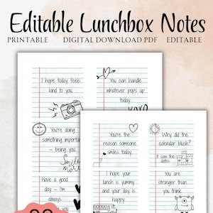 Peut inclure: Téléchargement numérique imprimable de notes de boîte à lunch modifiables. Les notes sont sur du papier ligné avec diverses illustrations dessinées à la main et des messages positifs. L'image comprend un cercle rose avec le texte "90 Cartes pré-remplies + Modèle Canva modifiable".