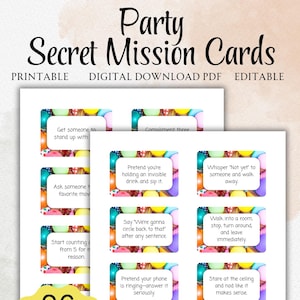 May include: A printable digital download of party game cards. The cards have various secret mission prompts, such as "Pretend you're holding an invisible drink and sip it." The image also includes the text "96 Pre-filled Cards + Editable Canva Template."