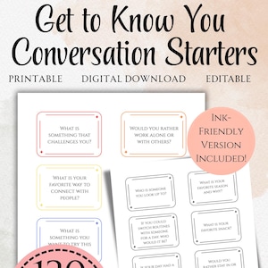 Tarjetas para iniciar conversaciones "Conócete" / Juego para romper el hielo en familia y en grupo / Actividad de trabajo en equipo imprimible / Descarga instantánea en PDF