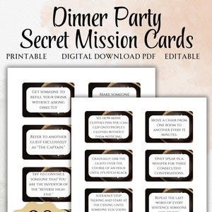 Może przedstawiać: Drukowany zestaw "Dinner Party Secret Mission Cards". Karty mają czarne obramowania i biały tekst z różnymi podpowiedziami dotyczącymi tajnych misji. Zawiera szablon Canva do edycji. Zestaw zawiera 96 wstępnie wypełnionych kart.