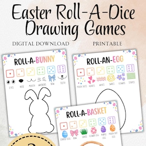 Puede incluir: Juegos de dibujo imprimibles con temática de Pascua. La imagen presenta tres diseños: Roll-A-Bunny, Roll-An-Egg y Roll-A-Basket. Cada juego incluye un elemento de lanzamiento de dados para determinar las características del dibujo. También se ve el texto "Descarga digital".