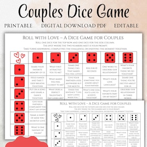 May include: A printable couples dice game with prompts for conversation and activities. The game features a red and white design with dice icons and text prompts like "Share your favourite memory of us." Ideal for date nights and relationship building.