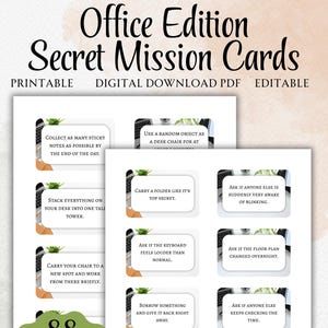 Pode incluir: Um download digital imprimível de "Cartões de Missão Secreta - Edição Escritório". Os cartões apresentam tarefas de escritório, como coletar post-its. A imagem mostra o texto "88 Cartões Pré-preenchidos + Modelo Canva Editável."