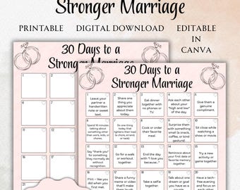 以下が含まれることがあります： 30 Days to a Stronger Marriageというタイトルの薄いピンク色の印刷可能なチャレンジシート。日々の関係構築タスクが書かれた番号付きのボックス、2つの結婚指輪の線画、および30 Love Notes Includedと書かれた波型のバッジが含まれています。