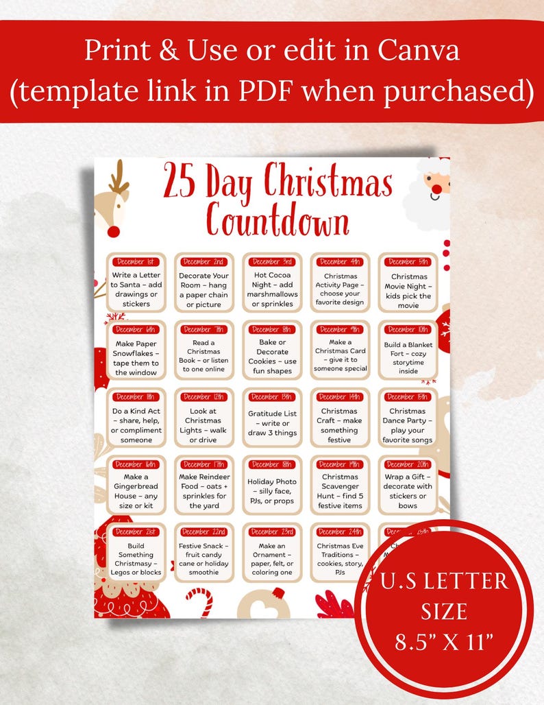 25 Day Christmas Countdown Printable | Editable Canva Advent Calendar ...