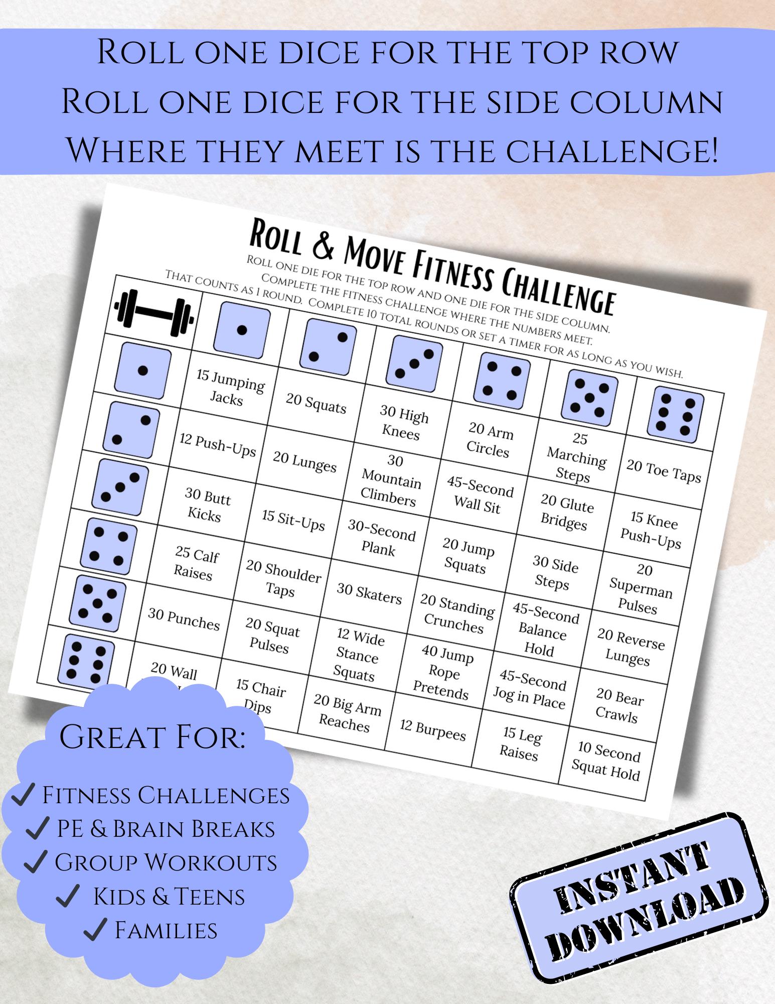 Fitness Challenge Dice Game | Roll & Move Workout | Printable Exercise ...