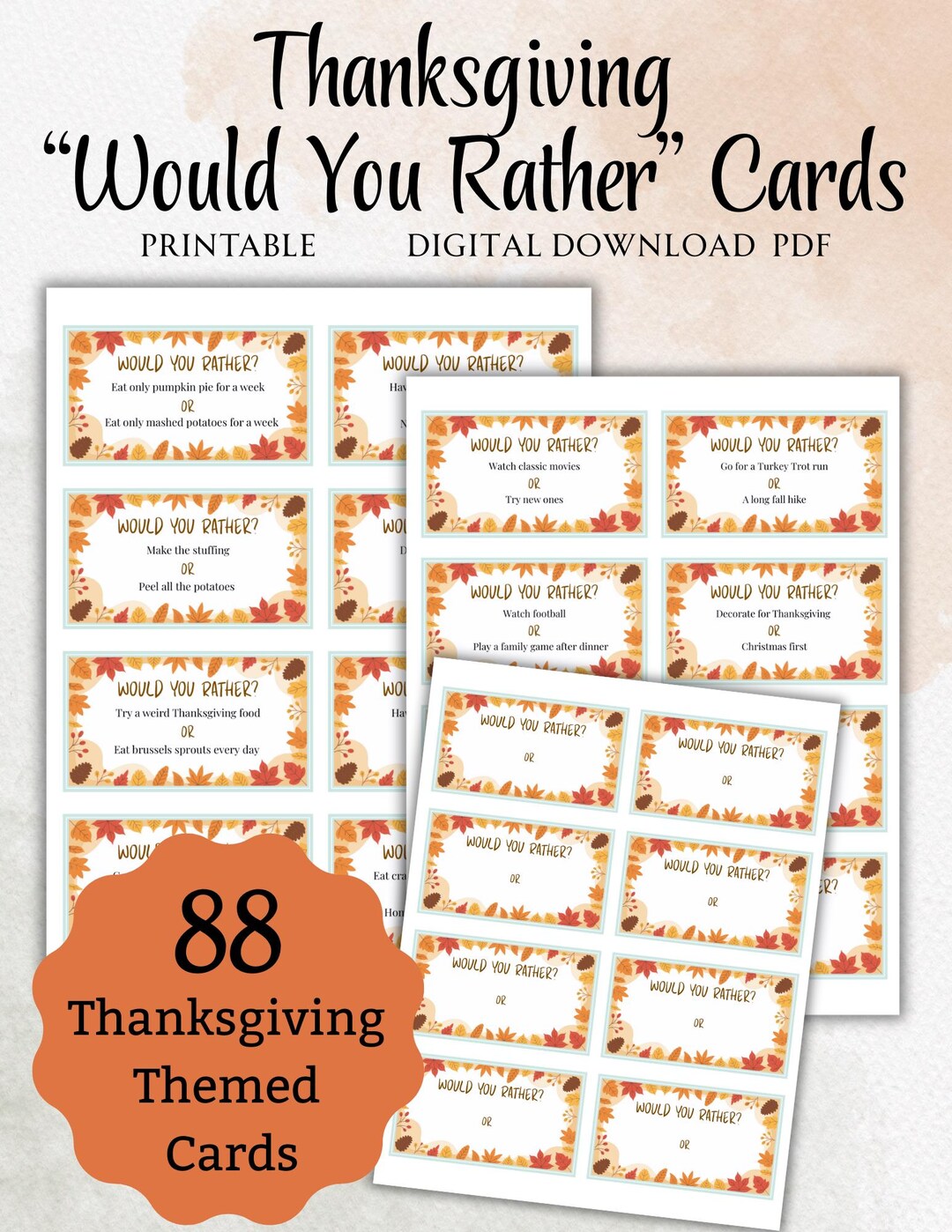 Thanksgiving Would You Rather Game | 88 Printable Cards + Blank Sheet ...