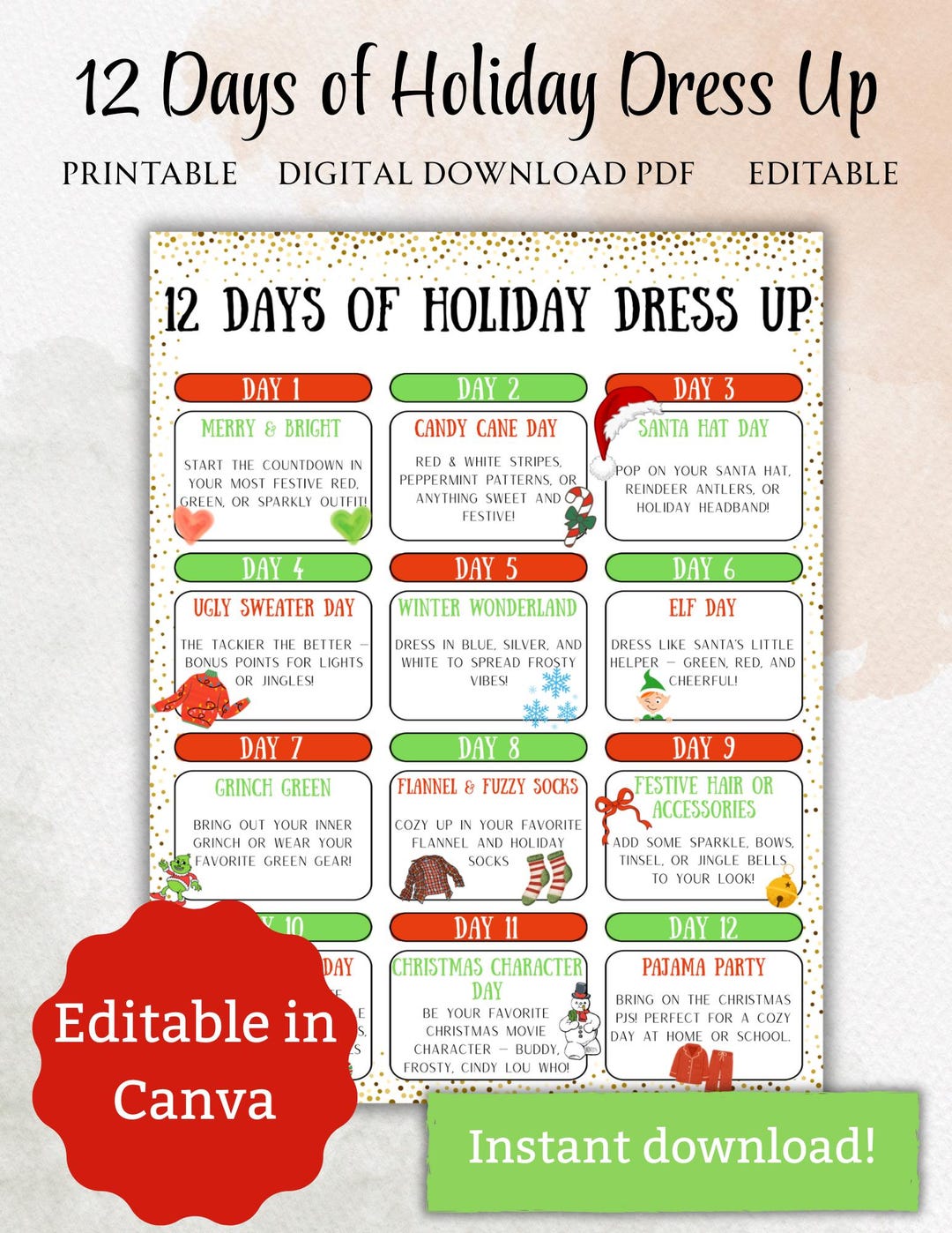 12 Days of Holiday Dress up | Editable Christmas Spirit Week Printable | Festive School Countdown Calendar | Digital PDF Instant Download