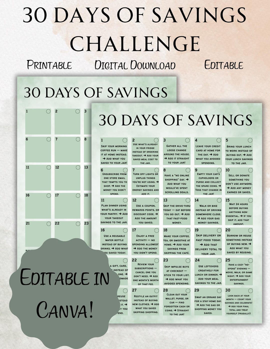 30 Days of Savings Challenge | Editable in Canva | Printable Savings ...