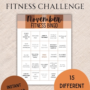 Könnte beinhalten: Eine November Fitness Bingo-Karte mit Fitness-Herausforderungen. Die Karte enthält Aufgaben wie "20 Kniebeugen vor dem Zähneputzen" und "Gehe einen Herbstspaziergang." Enthält den Text "Sofort-Download" und "15 verschiedene Karten".