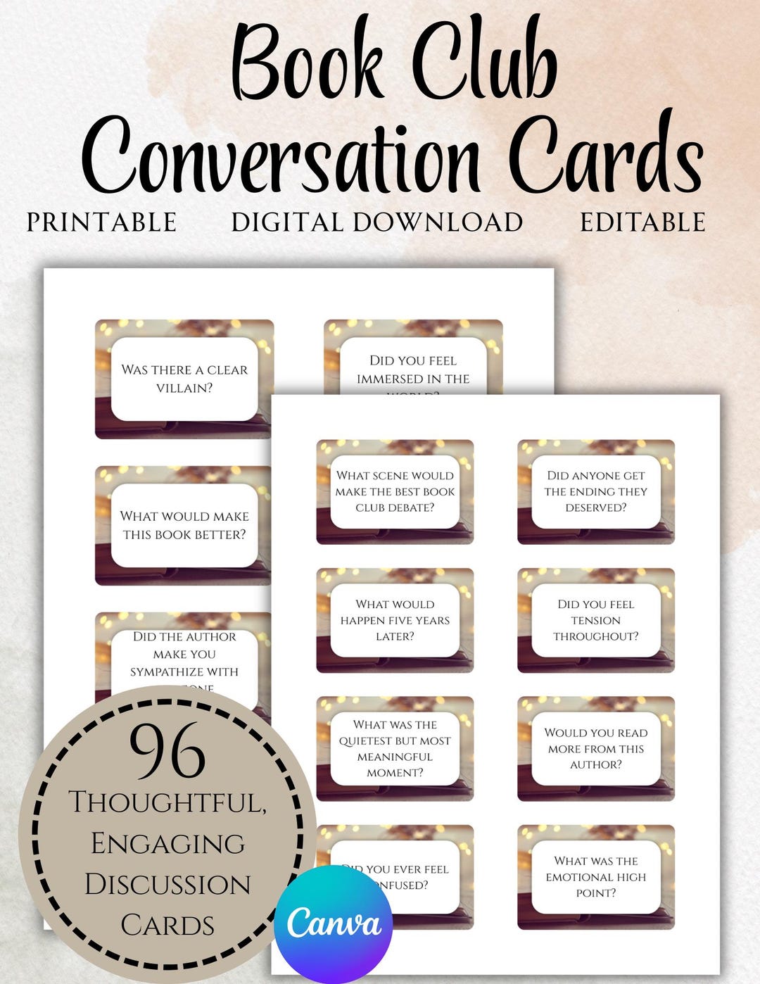 Book Club Conversation Starters | Printable Icebreaker Cards | Editable ...