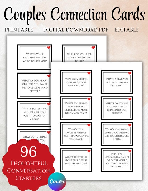 Couples Connection Cards Printable PDF | Romantic, Deep & Spicy Conversation Starters | Editable Date Night Questions for Relationships