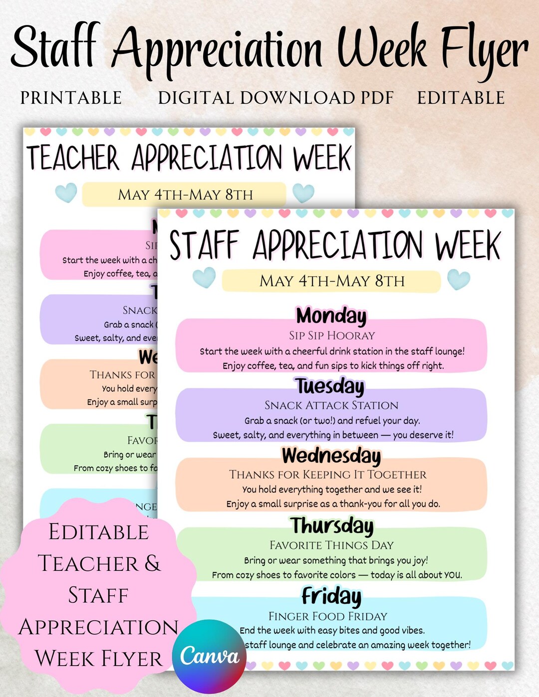 Staff Appreciation Week Flyer | Editable Canva Template | Teacher ...
