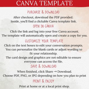 以下が含まれることがあります： 赤いヘッダーに「HOW TO USE YOUR CANVA TEMPLATE」と書かれた説明用グラフィック。PURCHASE & DOWNLOAD、OPEN IN CANVA、CUSTOMIZE YOUR TEMPLATE、SAVE & DOWNLOAD、PRINT & ENJOYという手順が、明るい質感の背景に記載されています。