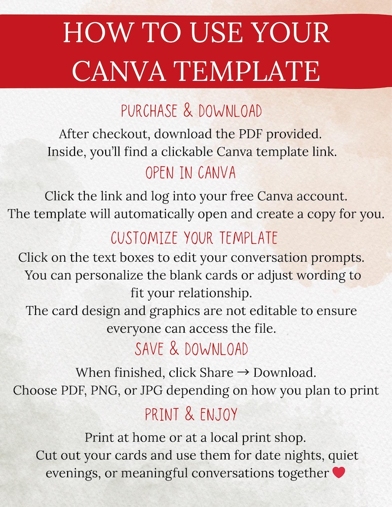 以下が含まれることがあります： 赤いヘッダーに「HOW TO USE YOUR CANVA TEMPLATE」と書かれた説明用グラフィック。PURCHASE & DOWNLOAD、OPEN IN CANVA、CUSTOMIZE YOUR TEMPLATE、SAVE & DOWNLOAD、PRINT & ENJOYという手順が、明るい質感の背景に記載されています。