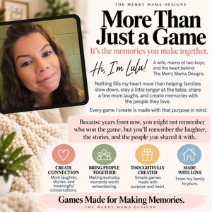 以下が含まれることがあります： The Merry Mama Designsのプロモーション画像。Luluのポートレート、More Than Just a Gameというテキスト、Create Connection、Bring People Together、Thoughtfully Created、Made with Loveを表す4つのアイコンが含まれています。