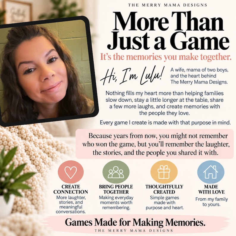 以下が含まれることがあります： The Merry Mama Designsのプロモーション画像。Luluのポートレート、More Than Just a Gameというテキスト、Create Connection、Bring People Together、Thoughtfully Created、Made with Loveを表す4つのアイコンが含まれています。
