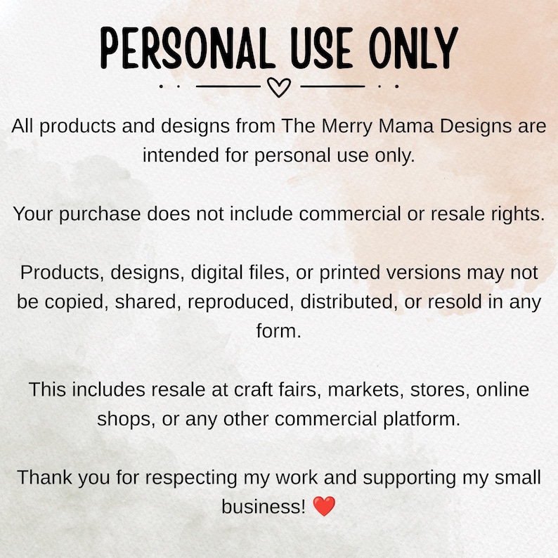 以下が含まれることがあります： 明るい背景に黒い文字でPERSONAL USE ONLYと書かれたデジタル通知。The Merry Mama Designsの製品やデザインは個人使用のみを目的としており、商用利用、再販、共有、配布が禁止されていることを明記しています。
