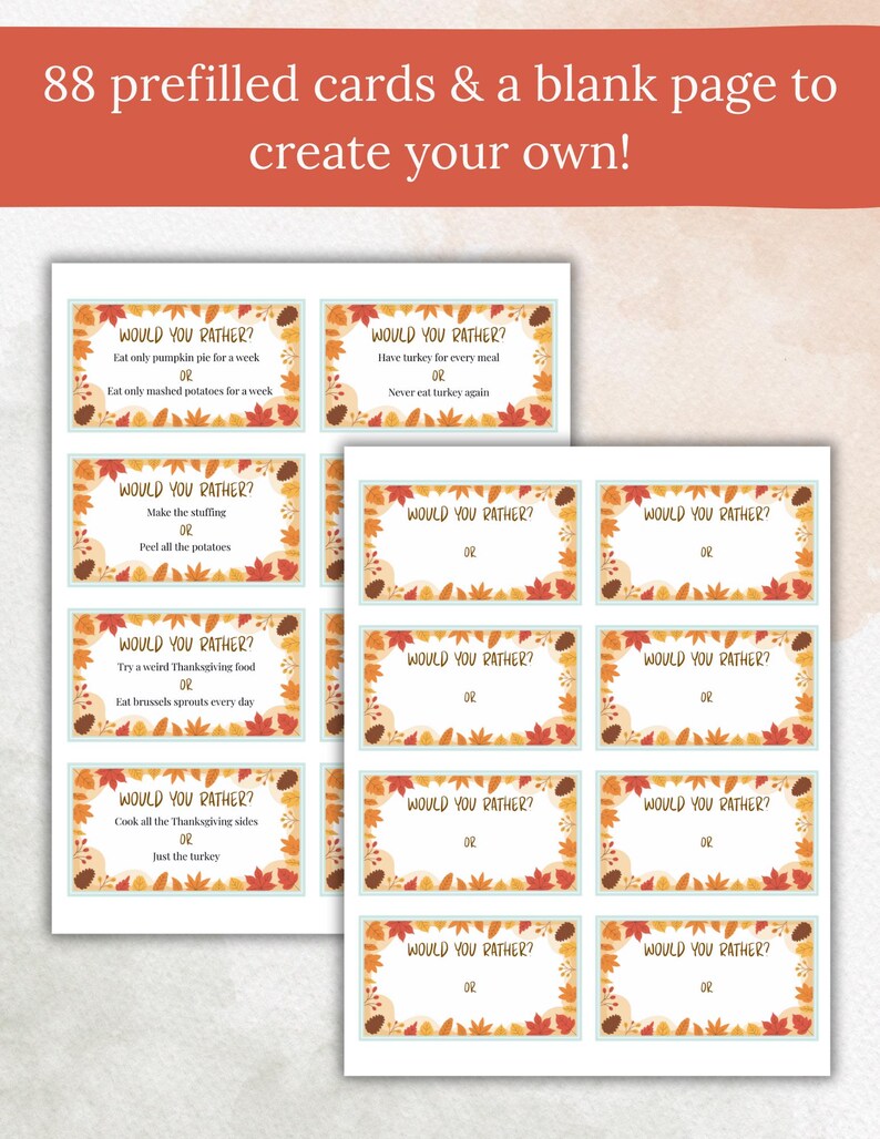 Thanksgiving Would You Rather Game | 88 Printable Cards + Blank Sheet ...