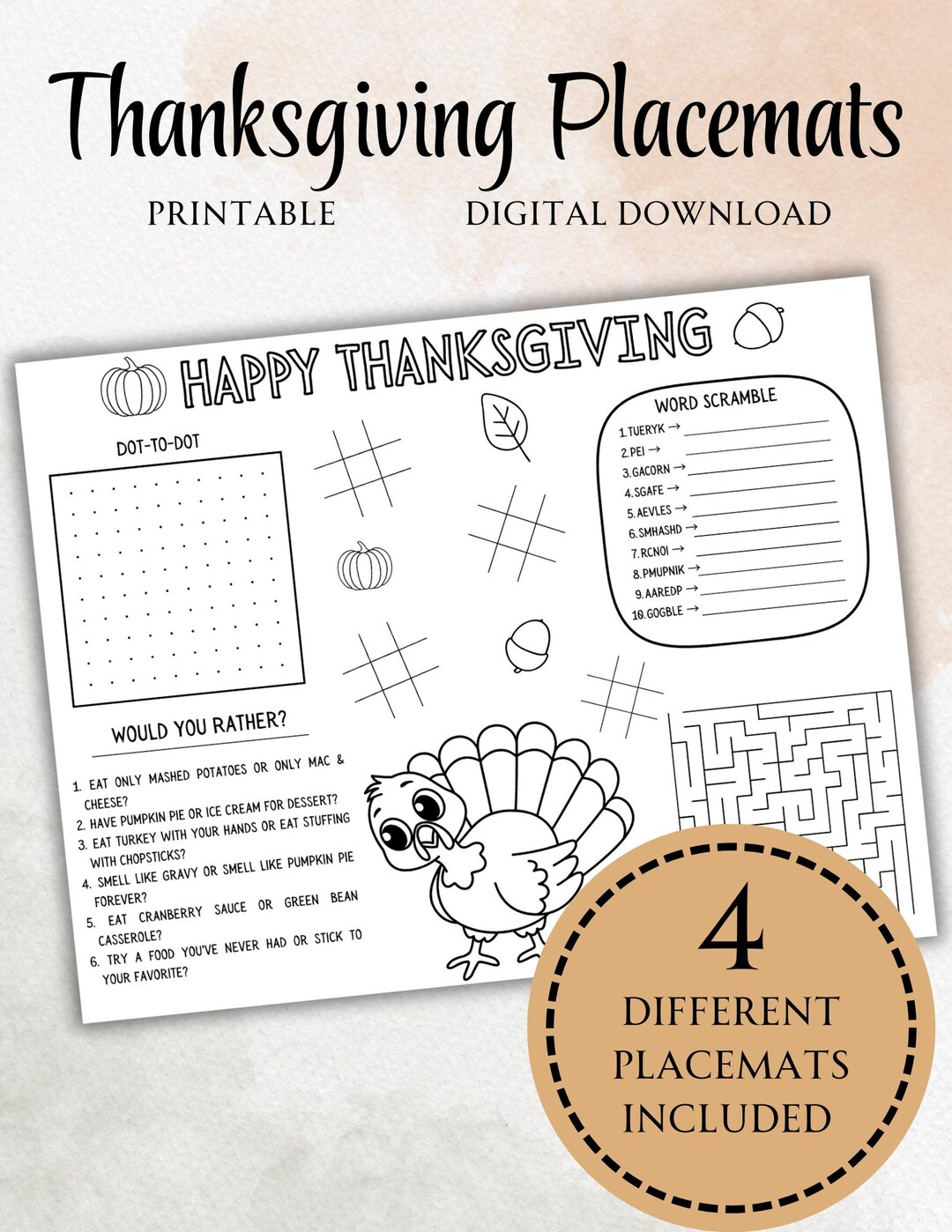 Thanksgiving Activity Placemats for Kids | 4 Printable Designs ...