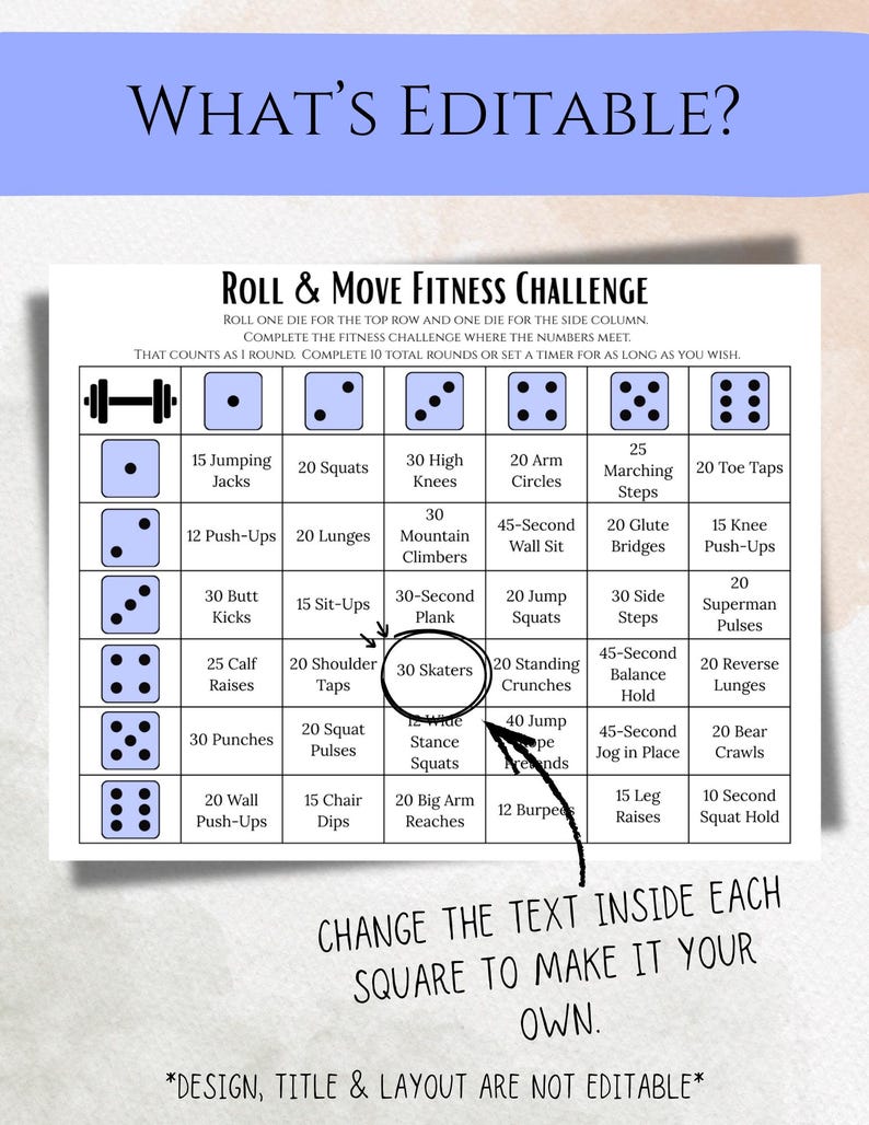 Fitness Challenge Dice Game | Roll & Move Workout | Printable Exercise ...