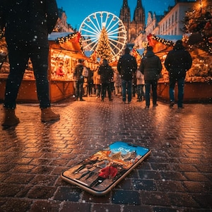 Puede incluir: Un smartphone muestra una escena de mercado invernal con una noria, un árbol de Navidad y puestos. El teléfono está sobre una calle adoquinada con gente al fondo. Caen copos de nieve y la escena está iluminada por luces cálidas, creando un ambiente festivo.