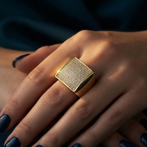 Adjustable Gold Square Signet Ring with Black or Clear Pave Zirconia Top and Polished Wide Band Statement Design