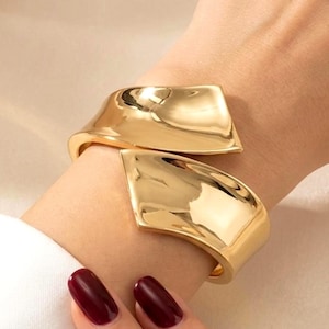 Polished Gold Wrap Bracelet with Overlapping Sculptural Ends Hinged Wide Cuff for Bold Modern Styling