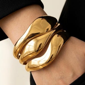 Gold Wave Cuff Bracelet in Polished Stainless Steel, Wide Sculptural Bangle for Women
