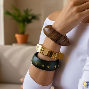 Mixed Metal Arm Cuff Bangle Set, Hexagonal Wood Bracelet, Stackable Gold and Black Cuffs, Eclectic Bohemian Jewelry Gift for Women