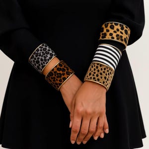 Animal Print Cuff Bracelet Set – Wide Gold and Silver Bangles for Women, Leopard & Zebra Statement Jewelry, Safari Chic Gift