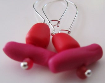 red, mid pink and silver wire earrings