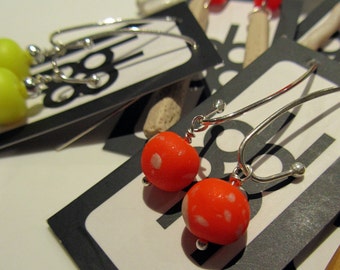 fluoro neon electric orange and sterling silver colour block polymer clay fashion earrings