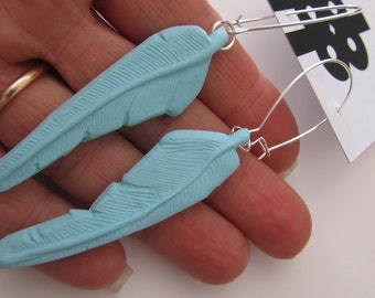 pale pastel blue polyclay cast feathers summer earrings