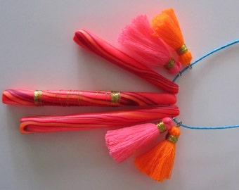 fluoro neon pink marbled gold wrapped pink and orange tassel fashion polymer clay necklace
