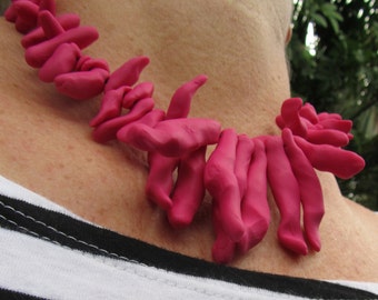 raspberry pink coral-shaped polymer beaded necklace
