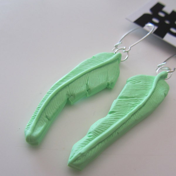 mint pale green pastel polyclay cast feathers summer earrings