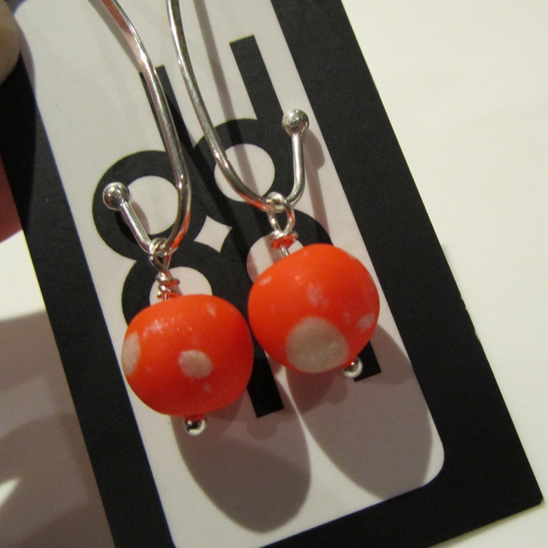 fluoro neon electric orange and sterling silver colour block polymer clay fashion earrings image 3