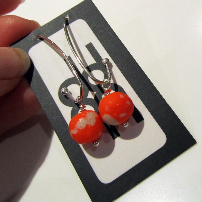 fluoro neon electric orange and sterling silver colour block polymer clay fashion earrings image 2