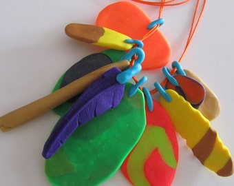 yellows, oranges, purples, violets, golds, greens 10 piece eclectic 'feather' necklace