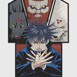 May include: Embroidered patch depicting a character with spiky blue hair and a dark blue jacket, with crossed hands. Above, three stylized animal figures: a wolf, a bird-like creature, and a white wolf. The text reads "Megumi & His Spirits (All Formats)".