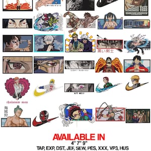 May include: Embroidered patches showcasing anime characters and logos. Designs include characters from popular series, a Batman logo, and a Nike swoosh. The patches are available in multiple sizes.