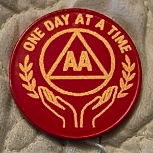1 year sobriety coin made from a feau gold coin engraved. I can paint them any color. I ship for exactly what it costs me. image 2