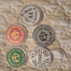 1 year sobriety coin made from a feau gold coin engraved. I can paint them any color. I ship for exactly what it costs me. image 17